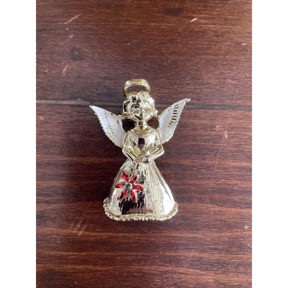 Gerry's Angel With Poinsettia Red Green Enameled Gold Pin Brooch